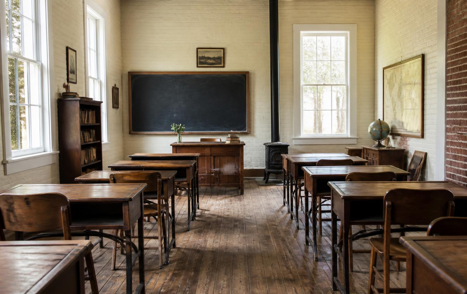 Heller Klassenraum in einem alten Schulgebäude mit Holzdielen und hohen Fenstern